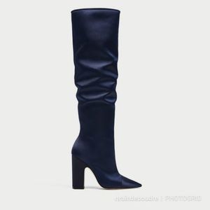 Zara Satin OTK Boots in NAVY